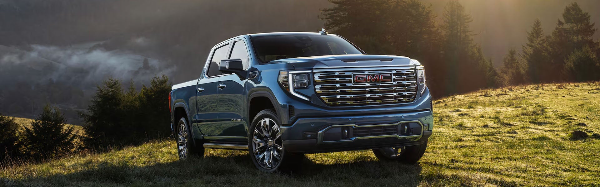 GMC Sierra 1500 Denali in a scenic field.